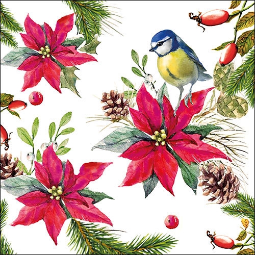 Ambiente - Lunch servetten - Bird On Poinsettia White