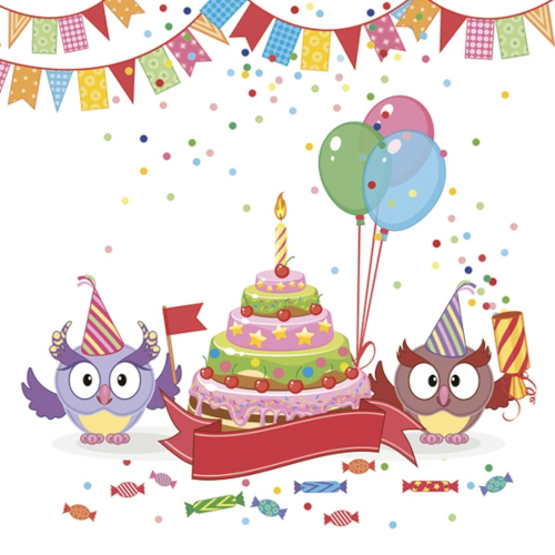 Daisy Lunch servetten - Funny Owls with B-day Cake Daisy Lunch servetten - Funny Owls with B-day Cake