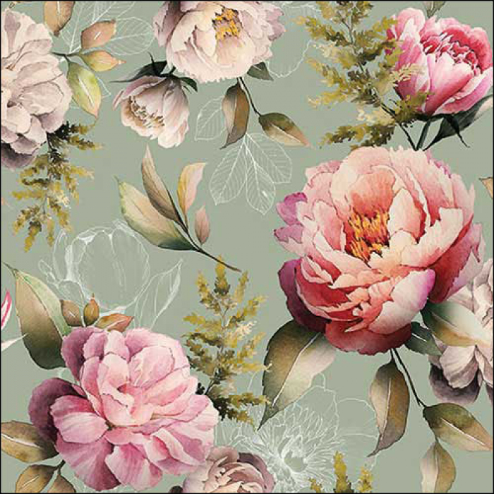 Ambiente Lunch Servetten - Peonies composition green