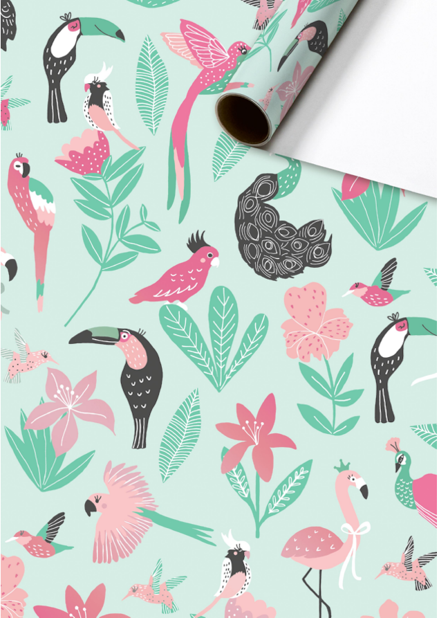Cadeaupapier 70x150 cm - Kaena Mint - Vogels - Bloemen