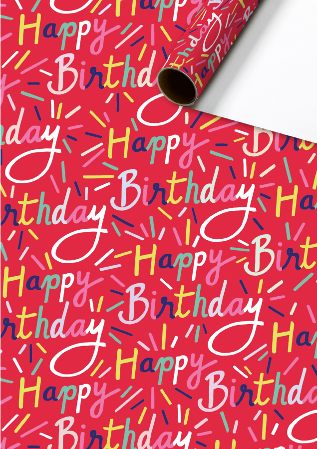 Cadeaupapier 70x150 cm - Happy Birthday - Rood - Holografisch