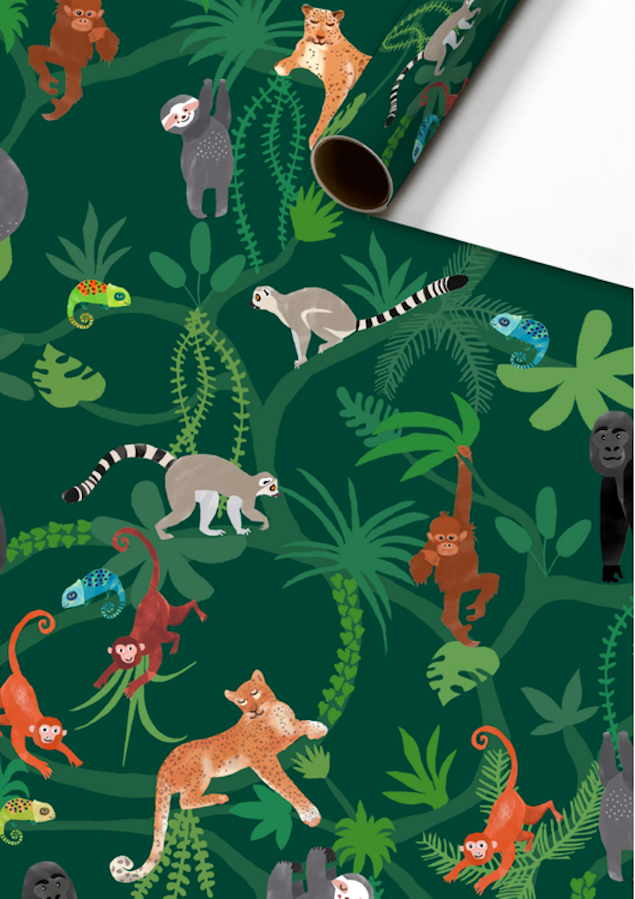 Cadeaupapier 70x200 cm - Lauro groen - Oerwoud dieren