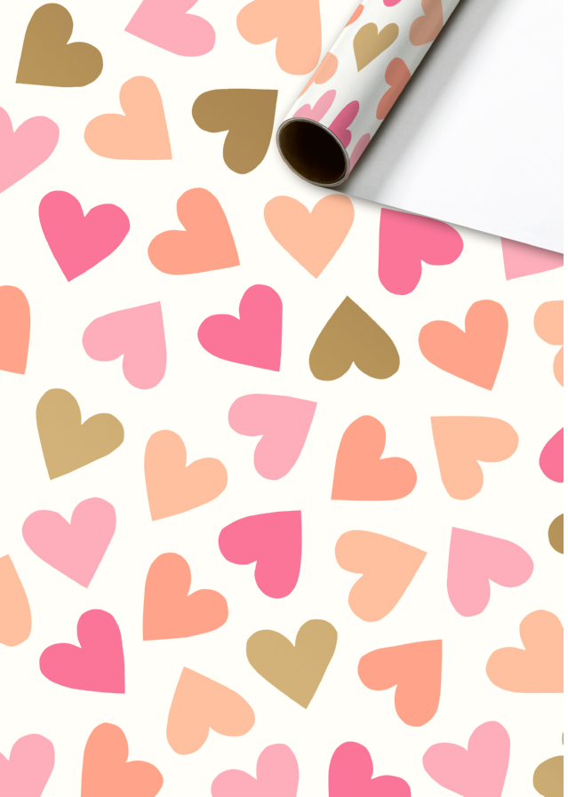 Cadeaupapier 70x300 cm - Velia - Harten - Roze - Goud