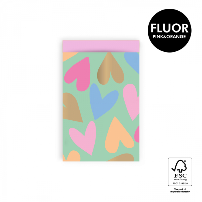 10 Cadeauzakjes 12x19 cm - Big Hearts Mint - Pink - Valentijn - Inpakken - Huwelijk