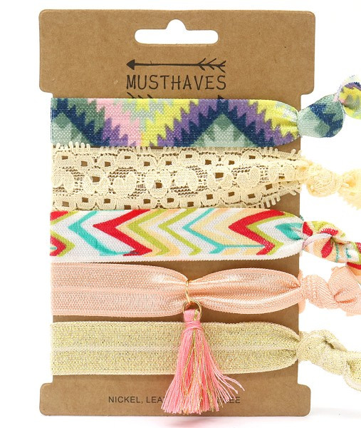 5 Ibiza Haarelastieken/Armbanden -met Bedel/Tassel