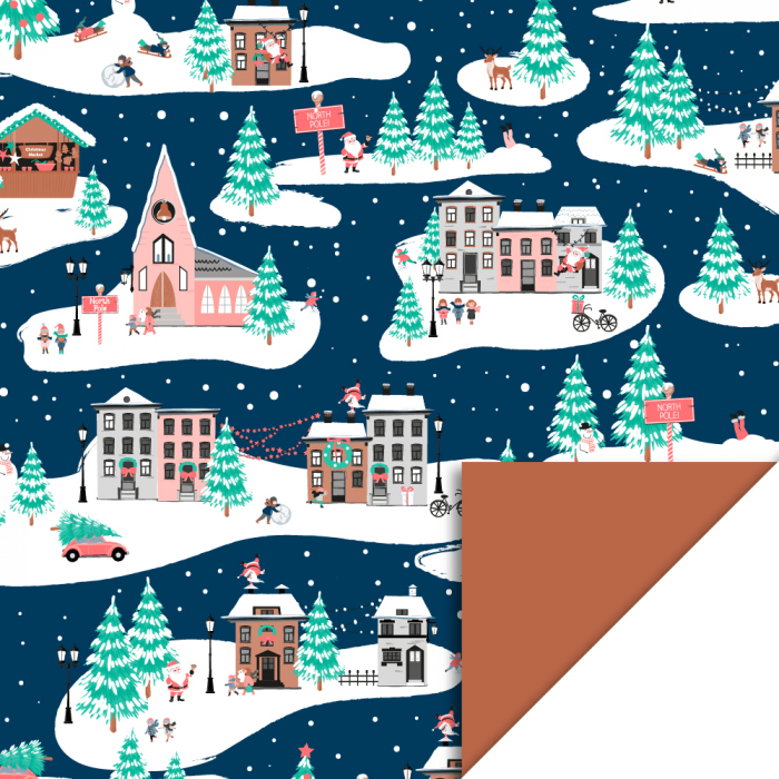 2 Rollen Cadeaupapier 30x200cm - Xmas Landscape Blue Cognac