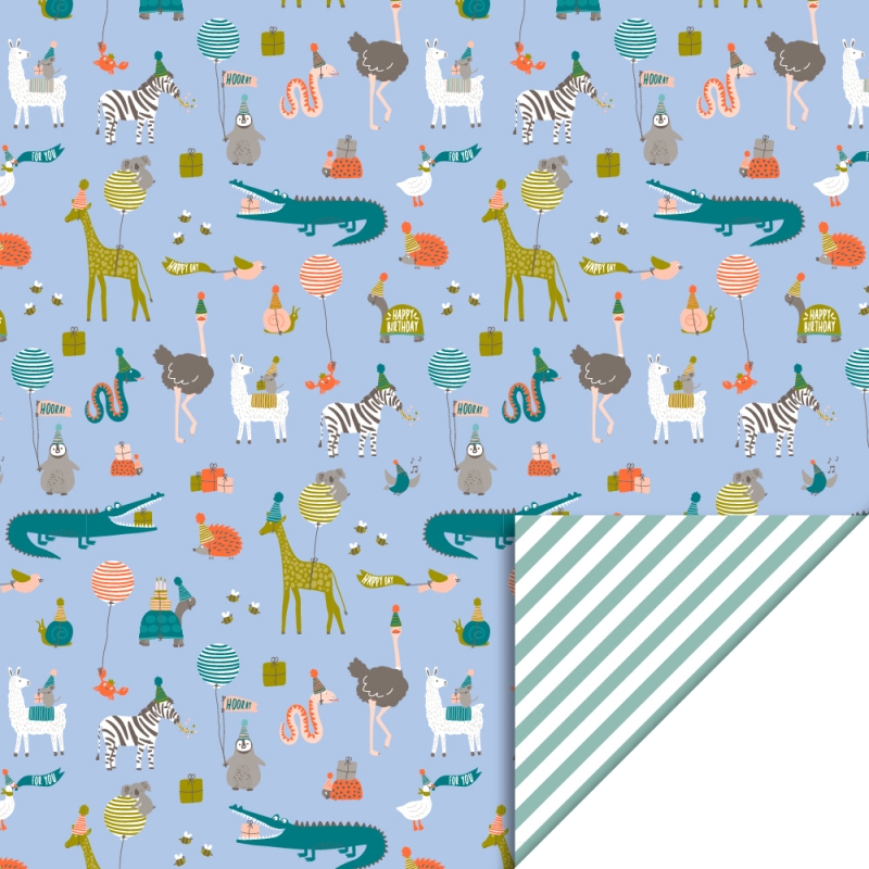 Cadeaupapier 30x200 cm Party Animals Sky Blue - Stripes Green - 2 stuks