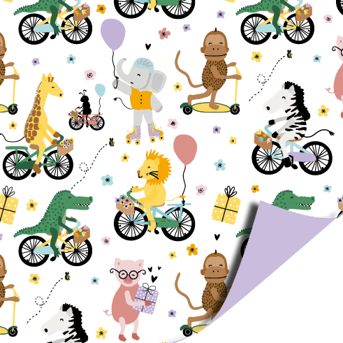 Cadeaupapier 30x200 cm - Party Animals wit - Lila - 2 stuks