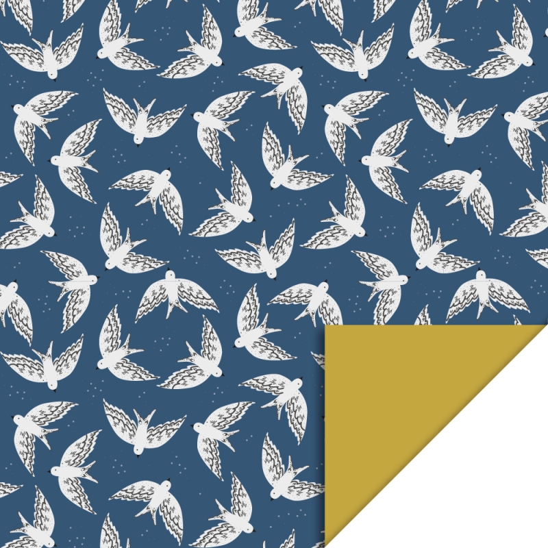 Cadeaupapier 70x300 cm - Birds Midnight Blue - Retro Yellow - 2 stuks