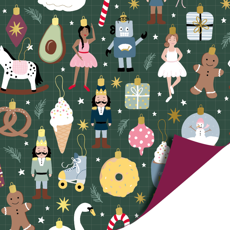Cadeaupapier 30x200 cm - Kerst Notenkraker Groen - Rood - 2 stuk