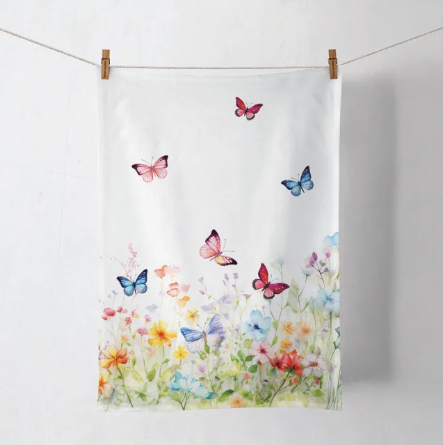 Theedoek - Butterflies in field white Theedoek - Butterflies in field white