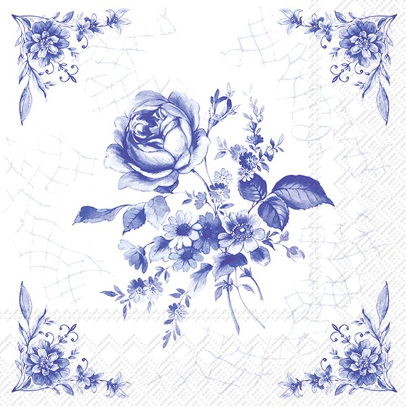 Lunch servet per stuk - Rose on Tile White Blue