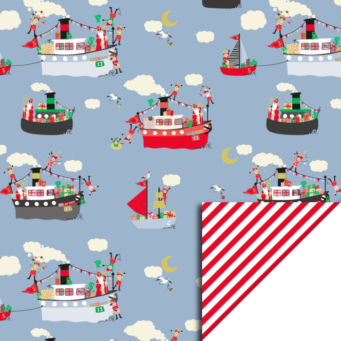 Cadeaupapier Sint Pakjesboot Blue Stripes Red - House of Products - 70x300 cm Cadeaupapier Sint Pakjesboot Blue Stripes Red - House of Products - 70x300 cm